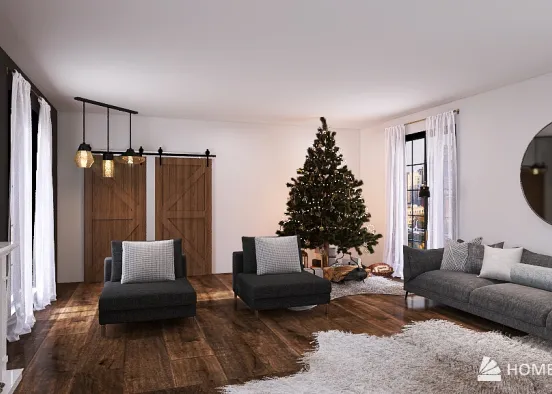 Rustic Black and White Christmas Living Room Design Rendering