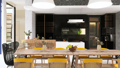 modern dining table with yellow chairs in a stylish kitchen featuring smart furniture arrangement and a 3D interior design layout created using Homestyler
