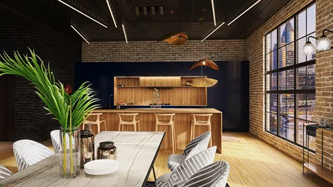 A modern kitchen featuring a wooden island and stylish bar stools, designed with a contemporary style for an open space concept. Showcasing the real-time 3D rendering capability of Homestyler.