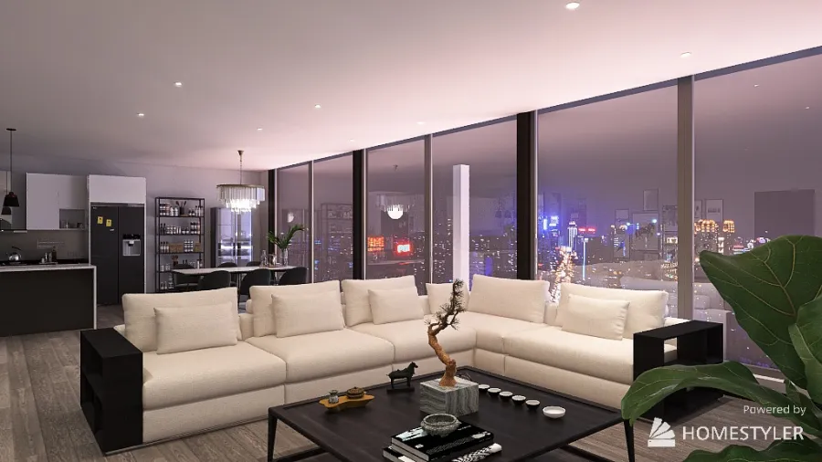 Living Room & Kitchen 3d design renderings