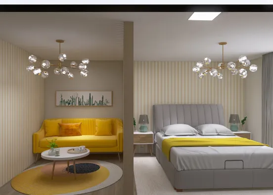 Yellow bedroom-living room Design Rendering