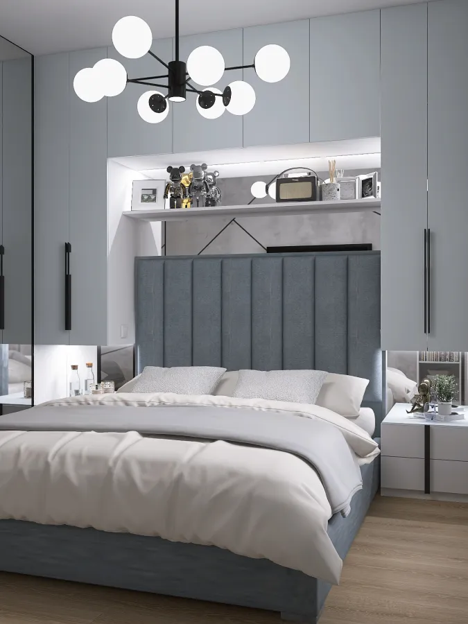 A small bedroom with a large storage space 3d design renderings