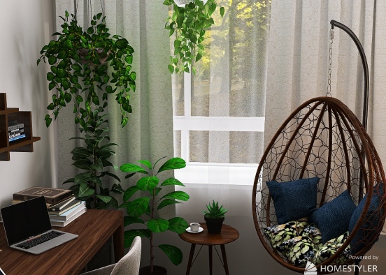 Plant-Filled Office and Simple Bedroom Design Rendering