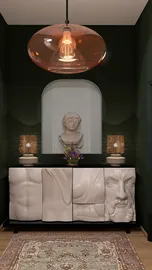 A stylish console cabinet with artistic designs, featuring a unique light fixture overhead, set in a modern living space that emphasizes bold decor choices. The image showcases interior decor ideas using Homestyler's real-time 3D rendering feature for design previews.