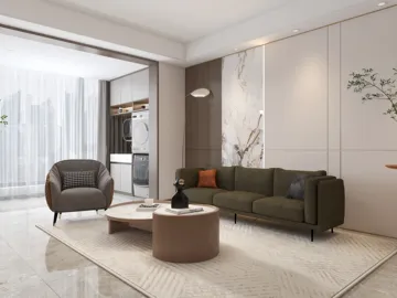 modern living room with a cozy sofa layout featuring a sleek coffee table and stylish decor elements, emphasizing space optimization in interior design using Homestyler's real-time 3D rendering capabilities.