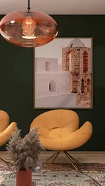 vibrant orange accent chairs arranging a cozy seating area in a modern interior design style featuring rustic artwork, showcasing the Homestyler 3D rendering feature for accurate visual previews.