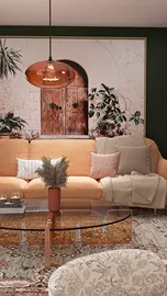 cozy living room with modern sofa and decorative plants accentuating a warm atmosphere featuring interior decor, enhanced by Homestyler's real-time 3D rendering for design previews.