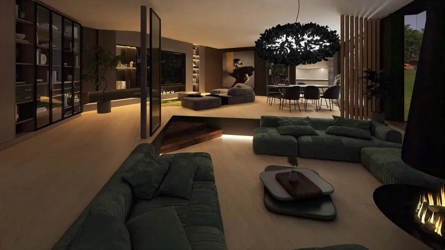 Open-Concept Living With a Sunken Conversation Area 3d design renderings