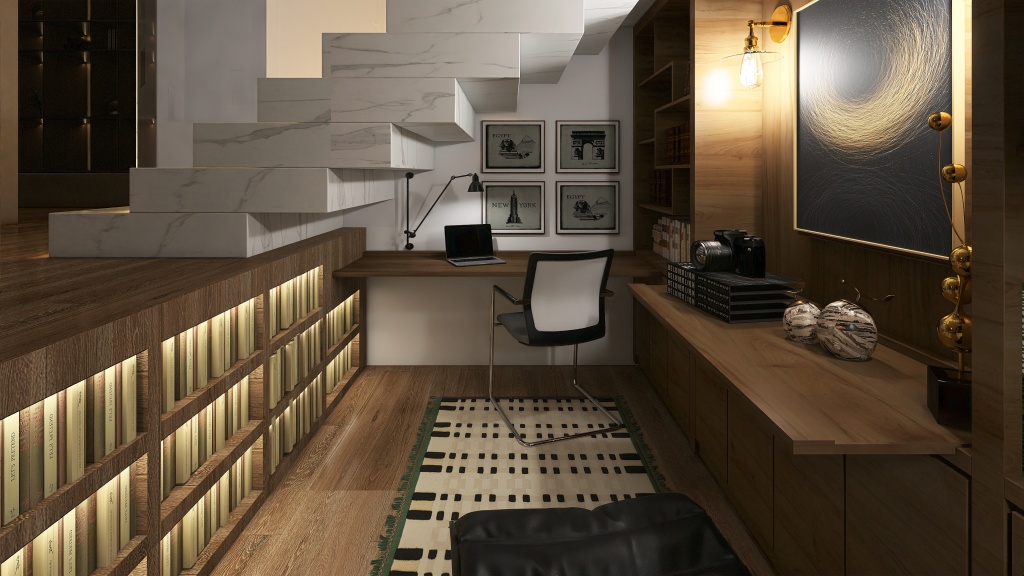 Contemporary House With a Sunken Library/Home Office 3d design renderings