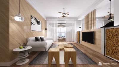 Modern living room featuring smart furniture arrangement and natural wood accents, showcasing an interior design style focused on minimalism and warmth; made vibrant with Homestyler's real-time 3D rendering.