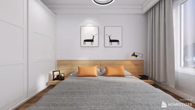 modern bedroom design featuring a wooden bed with orange cushions, creating a cozy atmosphere in a minimalist style, showcasing Homestyler's real-time 3D rendering functionality for enhanced visualization.