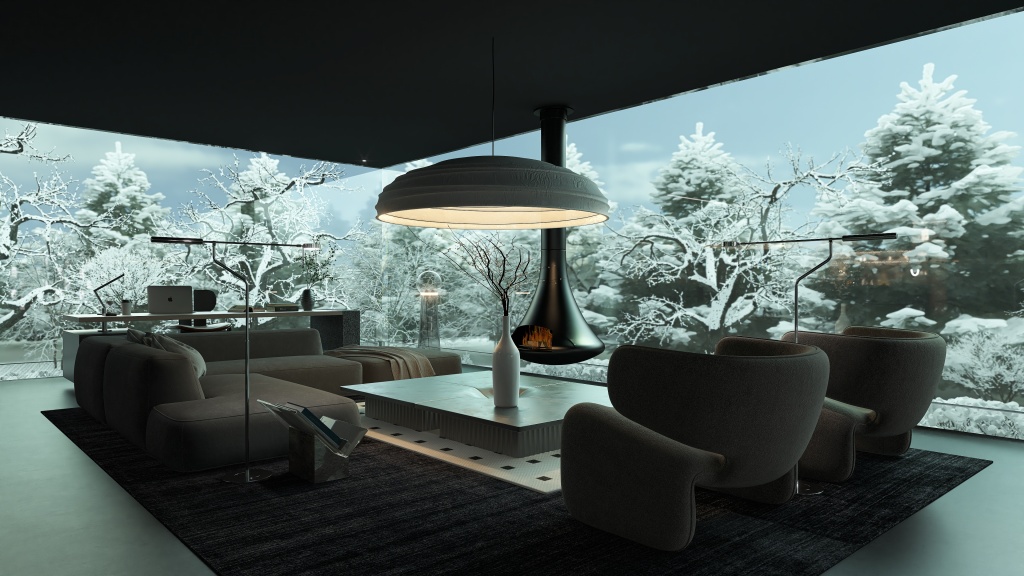 Living Room & Kitchen 3d design renderings