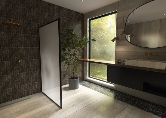 Dark Japandi Bathroom Design Rendering