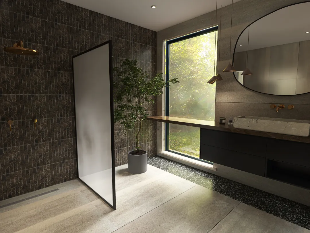 Dark Japandi Bathroom 3d design renderings