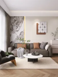 modern living room with a comfortable sofa and stylish coffee table, showcasing a contemporary design that enhances the space's value, utilizing Homestyler's real-time 3D rendering feature
