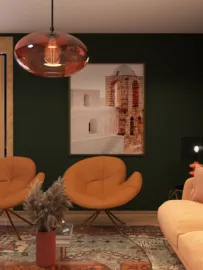modern seating arrangement featuring orange chairs and a cozy sofa in a stylish living room, showcasing an artistic wall decoration, optimized for interior design with Homestyler's real-time 3D rendering feature