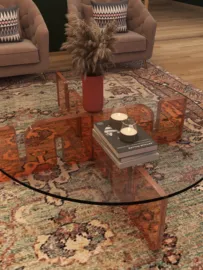 modern coffee table arrangement with decorative items and textured rug in a cozy living room, featuring Homestyler's smart furniture placement functionality