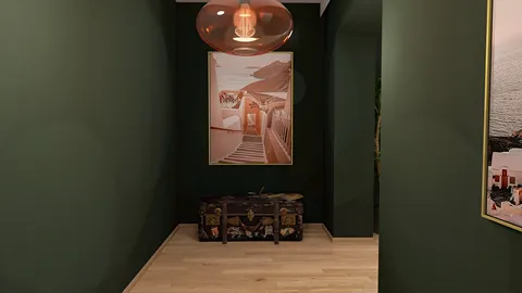 modern hallway design showcasing a captivating brown and green color scheme, featuring wall art and decorative lighting; optimized interior design using Homestyler's real-time 3D rendering feature for effective visual presentation.