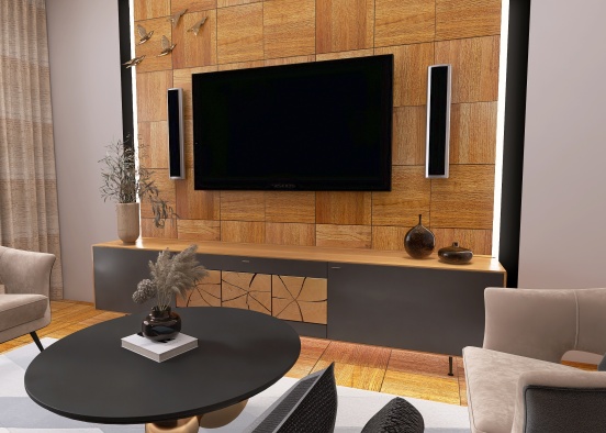 Salon z drewnianą ścianą Design Rendering