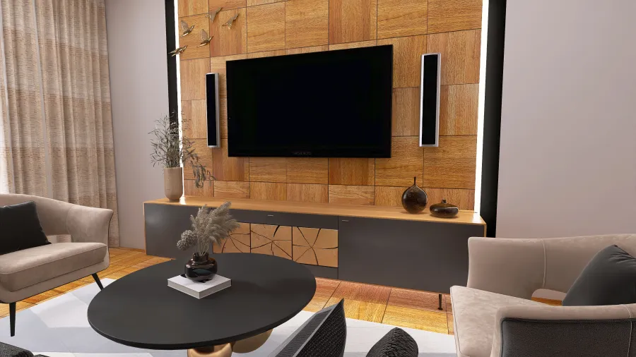 Salon z drewnianą ścianą 3d design renderings