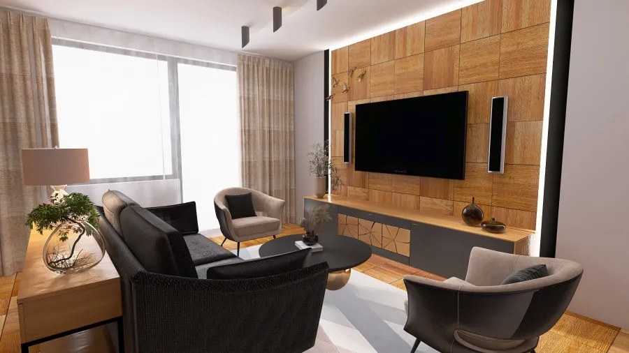 Salon z drewnianą ścianą 3d design renderings