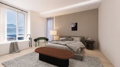 bedroom design featuring a modern bed arrangement with cozy bedding in a minimalist style, showcasing the use of Homestyler's real-time 3D rendering feature for an elegant ambiance.