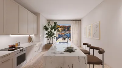 Modern kitchen interior featuring a large marble island with seating, designed to enhance space utilization, showcasing the functionality of Homestyler's real-time 3D rendering.