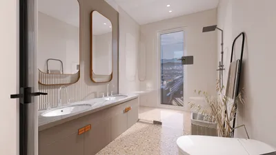 modern bathroom interior design featuring dual sinks and large mirrors, enhancing space with natural light, utilizing Homestyler's real-time 3D rendering for an accurate design preview.