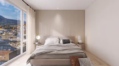 modern bedroom design featuring a cozy bed setup with soft bedding and contemporary decor, showcasing a scenic view through large windows, utilizing Homestyler's real-time 3D rendering for an immersive interior experience.