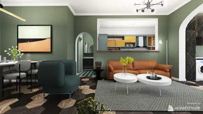 modern living room with stylish furniture arrangement featuring a green accent wall and a cozy leather sofa, showcasing interior decor elements, enhanced by Homestyler's real-time 3D rendering for quick design previews.