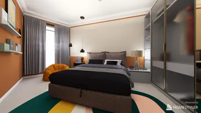 Cozy bedroom design featuring a stylish bed and modern storage solutions, styled in a contemporary aesthetic, showcasing interior decor elements with Homestyler's real-time 3D rendering feature.