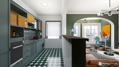 A modern kitchen with teal cabinets and yellow accents, showcasing smart furniture arrangement to optimize space, featuring realistic 3D rendering for interior design preview using Homestyler.