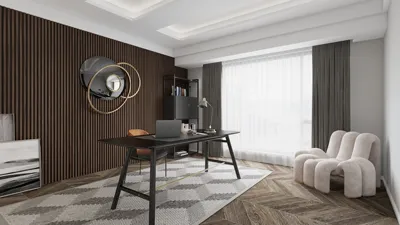 modern office space featuring a sleek desk arrangement with smart furniture layout and a stylish decorative wall, showcasing interior design expertise with Homestyler's real-time 3D rendering capabilities.