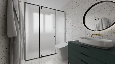 modern bathroom design featuring sleek shower enclosure and minimalist vanity, showcasing a contemporary aesthetic; includes interior decor keyword 'bathroom design'; utilizes Homestyler's real-time 3D rendering feature for visualization.