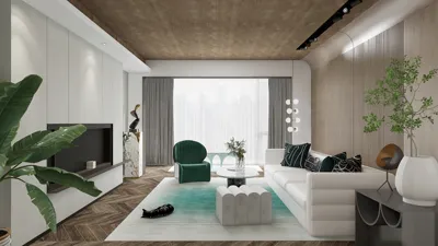 modern living room design featuring a comfortable white sofa, green accent chairs, and a decorative coffee table, integrating smart furniture arrangement for small spaces using Homestyler's real-time 3D rendering feature