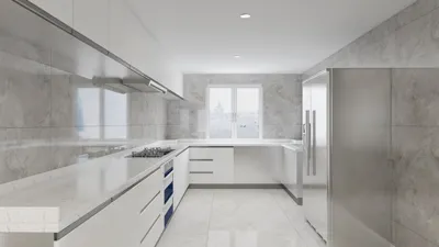 Modern kitchen design featuring a sleek and spacious layout with marble countertops and minimalist cabinetry, showcasing Homestyler's real-time 3D rendering capability for instant design previews.