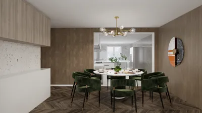 Dining room with modern green chairs around a round table featuring a stylish light fixture, designed with a contemporary aesthetic for a cozy dining experience, utilizing Homestyler's real-time 3D rendering feature.