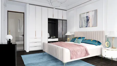 Modern bedroom featuring a plush bed arrangement with elegant decor, showcasing a contemporary style that enhances relaxation and comfort. This interior design includes a focus on optimal space utilization, utilizing Homestyler's real-time 3D rendering feature to visualize the layout.