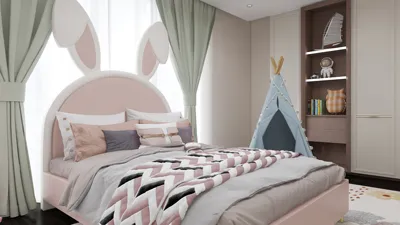 bunny-themed bed design featuring soft pink hues and cozy bedding in a playful children's room, showcasing interior decor ideal for creating a whimsical space using Homestyler's real-time 3D rendering feature.