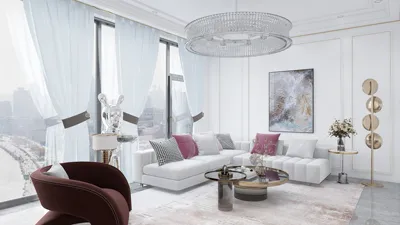 modern living room featuring a spacious white sectional sofa arranged for comfort and style with elegant silver and pink decor elements, utilizing Homestyler's real-time 3D rendering for efficient design preview.
