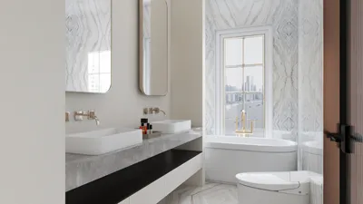 modern bathroom design featuring dual sinks and a freestanding bathtub, showcasing a sleek aesthetic with marble accents and natural light, utilizing Homestyler's smart furniture arrangement feature.