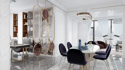 modern dining area featuring a sleek table and stylish chairs, enhancing the aesthetic with a semi-transparent room divider, optimized for interior decoration ideas using Homestyler's real-time 3D rendering feature