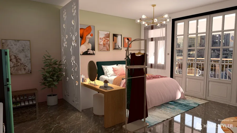 peaches and pink studio apartment 3d design renderings