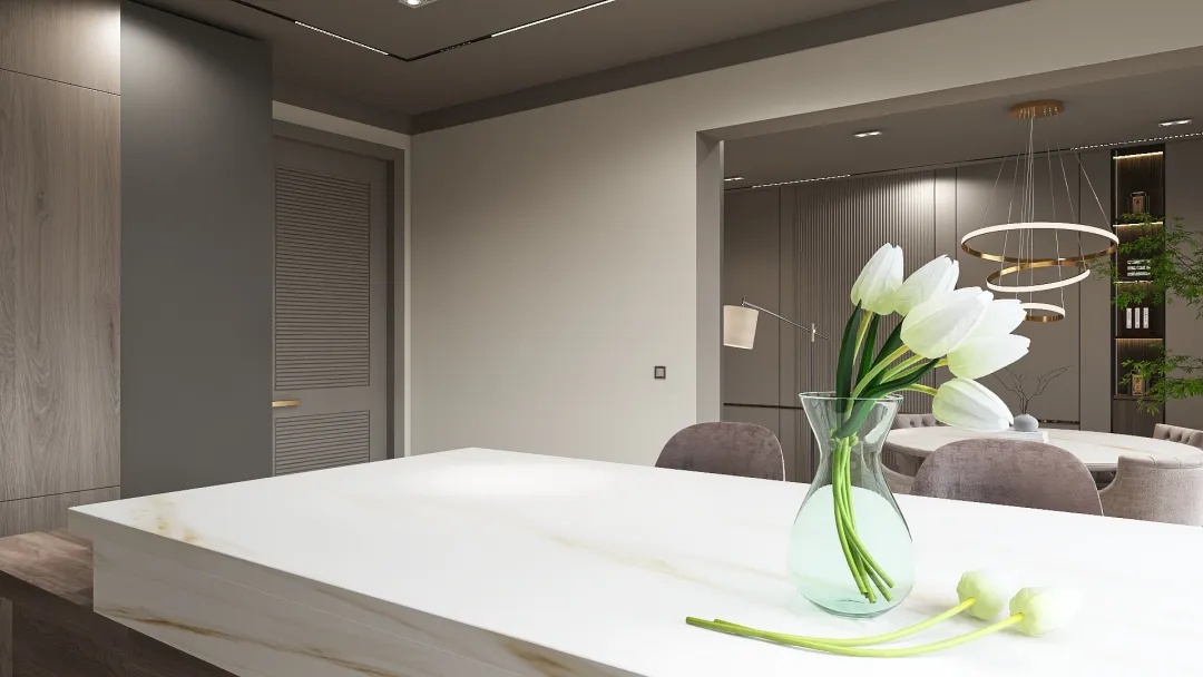 Salón con cocina abierta 3d design renderings