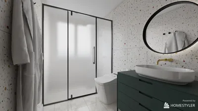 modern bathroom design featuring a sleek shower area and minimalist furnishings, showcasing smart furniture arrangement with Homestyler's real-time 3D rendering capability.