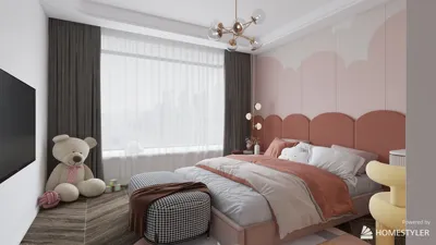 A cozy bedroom featuring a pink and gray color scheme, designed with a soft cloud pattern on the wall, highlighting a comfortable bed with decorative pillows, a teddy bear accent, and stylish furniture placement to optimize space. This interior design showcases Homestyler's real-time 3D rendering for effective design proposal visualization.