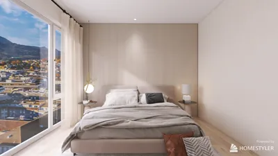 modern bedroom design featuring a cozy bed arrangement with neutral colors and large windows, creating a serene atmosphere, showcasing the smart furniture arrangement feature of Homestyler.