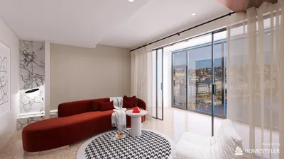 modern living room featuring a curved red sofa and a round coffee table styled with a black and white geometric pattern, showcasing a panoramic city view through large glass doors, enriched by Homestyler's real-time 3D rendering for design proposal presentation.
