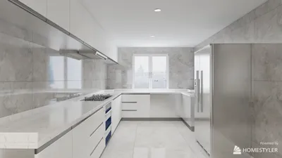 modern kitchen design featuring sleek cabinetry and marble backsplash utilizing Homestyler's real-time 3D rendering for accurate design previews
