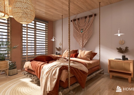 Bohemian Natural Wood Bedroom Design Rendering
